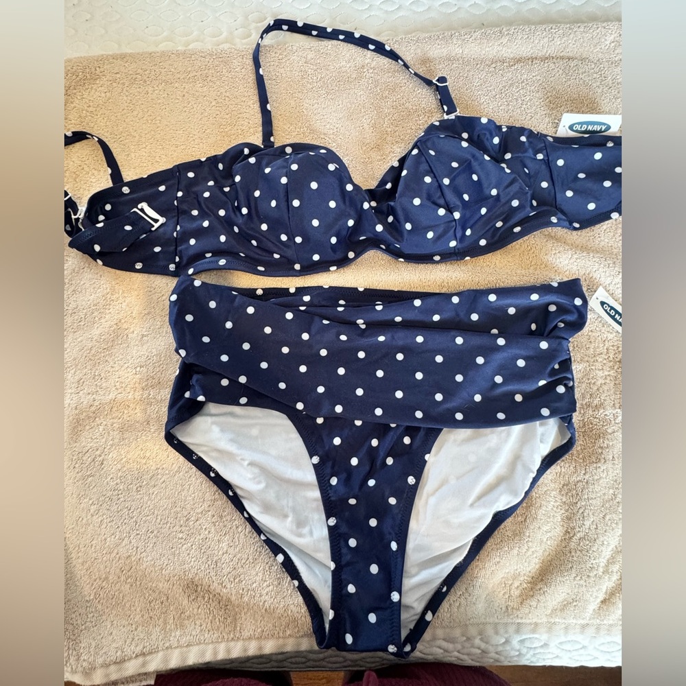Old Navy Navy Blue and White Polka Dot Bikini